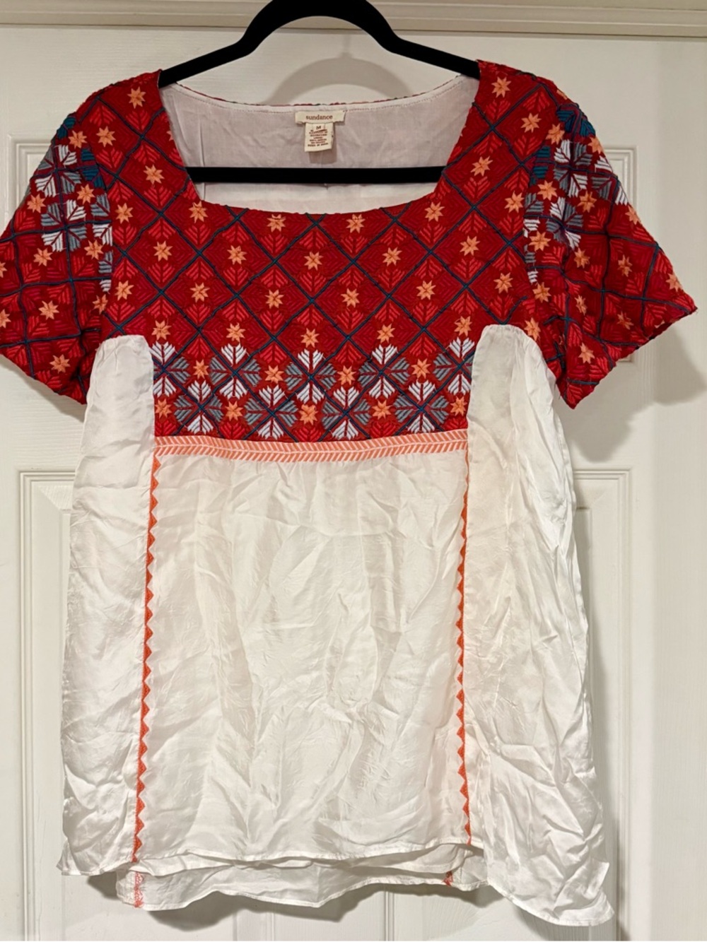 Sundance Red & White Embroidered Peasant Blouse